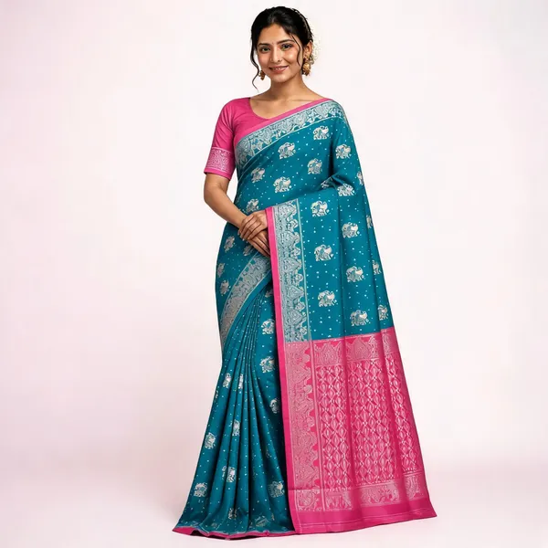 Teal_Litchi_Silk_Saree_For_Women