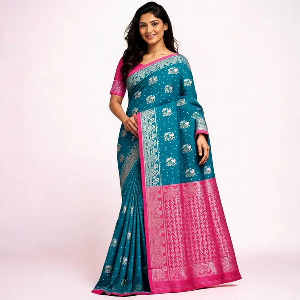 Teal_Litchi_Silk_Saree_For_Women