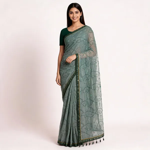 Green_Twill_Net_With_Satari_Work_Saree_For_Women