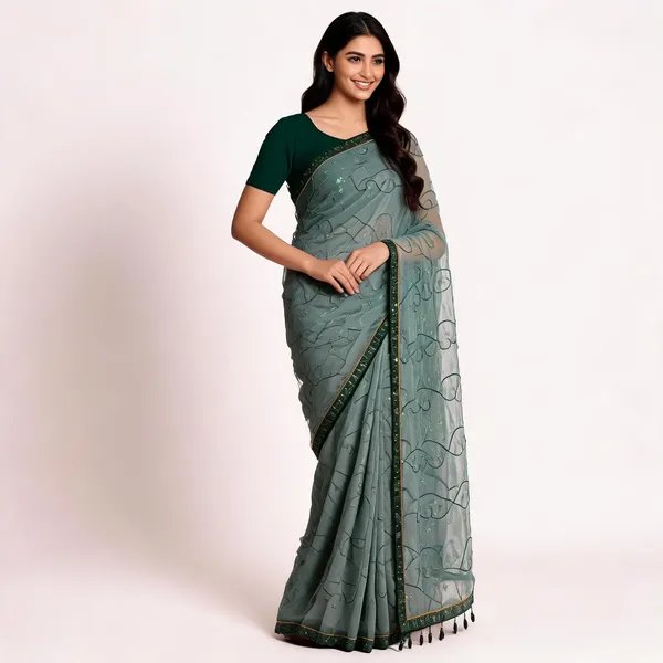 Green_Twill_Net_With_Satari_Work_Saree_For_Women