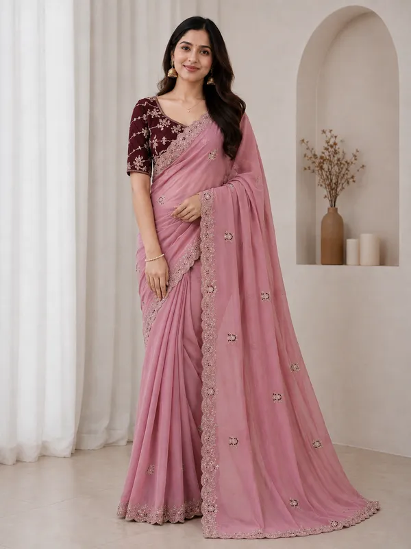 Pink_Handwork_Saree_With_readymade_blouse_and_seperate_blouse_For_Women