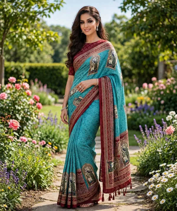 vinzo_pure_crep_silk_digitel_print_Light_shine,_smooth_fall,_not_cotton_digital_print_+_small_siroski_stone_work_on_peacock_feathersRed_piping_+_red_handmade_tassels_on_pallu
