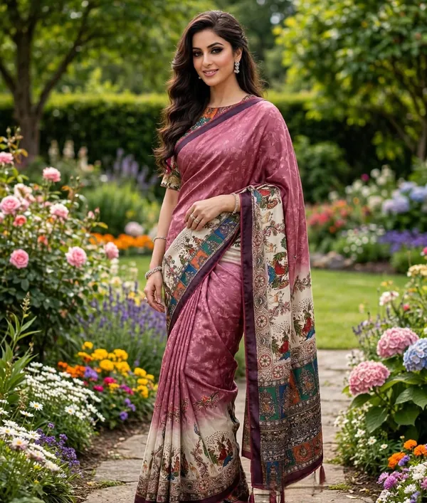 vinzo_pure_crep_silk_digitel_print_Light_shine,_smooth_fall,_not_cotton_digital_print_+_small_siroski_stone_work_on_peacock_feathersRed_piping_+_red_handmade_tassels_on_pallu