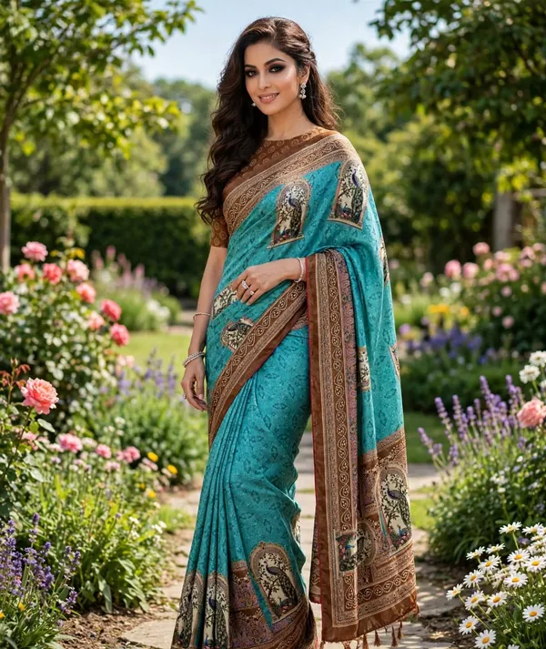 vinzo_pure_crep_silk_digitel_print_Light_shine,_smooth_fall,_not_cotton_digital_print_+_small_siroski_stone_work_on_peacock_feathersRed_piping_+_red_handmade_tassels_on_pallu