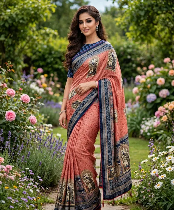 vinzo_pure_crep_silk_digitel_print_Light_shine,_smooth_fall,_not_cotton_digital_print_+_small_siroski_stone_work_on_peacock_feathersRed_piping_+_red_handmade_tassels_on_pallu