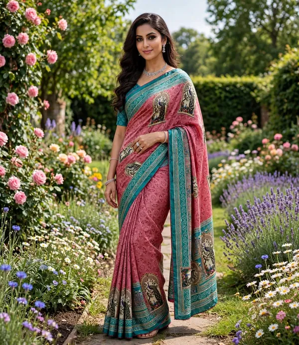 vinzo_pure_crep_silk_digitel_print_Light_shine,_smooth_fall,_not_cotton_digital_print_+_small_siroski_stone_work_on_peacock_feathersRed_piping_+_red_handmade_tassels_on_pallu