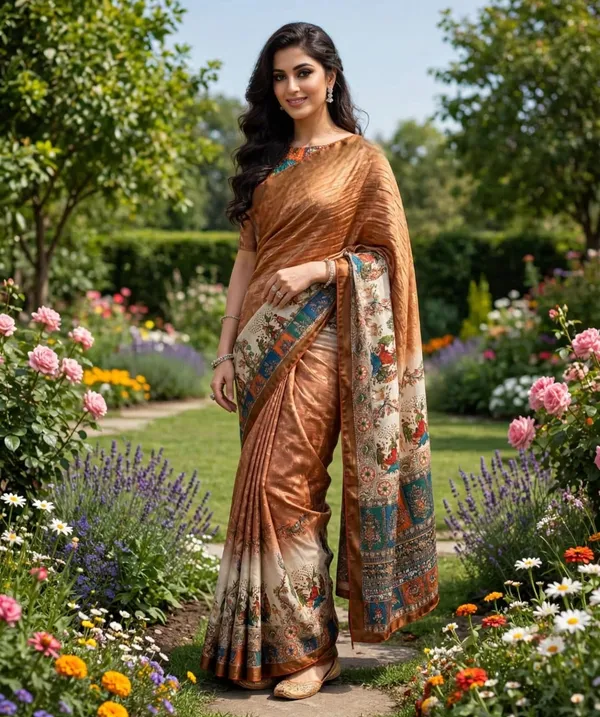 vinzo_pure_crep_silk_digitel_print_Light_shine,_smooth_fall,_not_cotton_digital_print_+_small_siroski_stone_work_on_peacock_feathersRed_piping_+_red_handmade_tassels_on_pallu