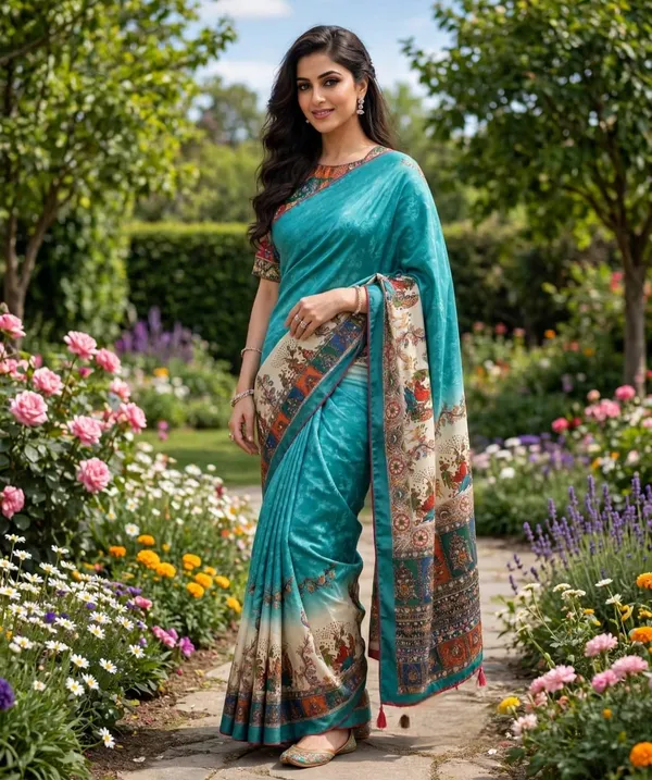 vinzo_pure_crep_silk_digitel_print_Light_shine,_smooth_fall,_not_cotton_digital_print_+_small_siroski_stone_work_on_peacock_feathersRed_piping_+_red_handmade_tassels_on_pallu