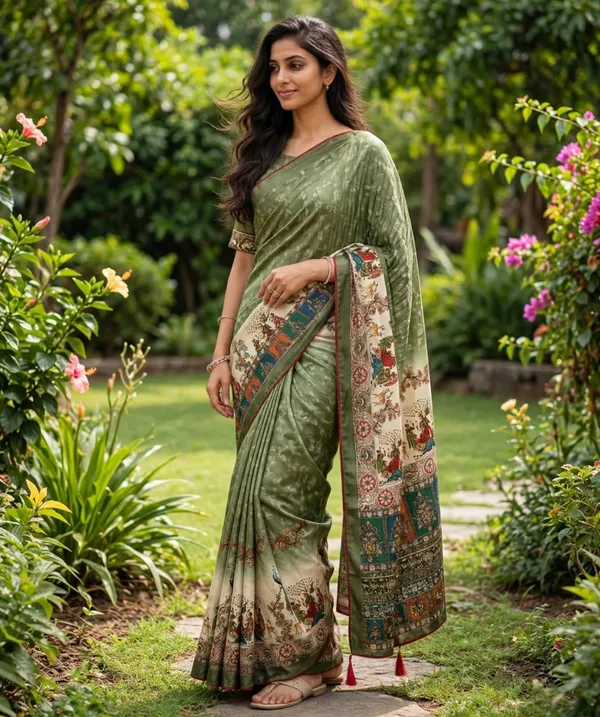 vinzo_pure_crep_silk_digitel_print_Light_shine,_smooth_fall,_not_cotton_digital_print_+_small_siroski_stone_work_on_peacock_feathersRed_piping_+_red_handmade_tassels_on_pallu