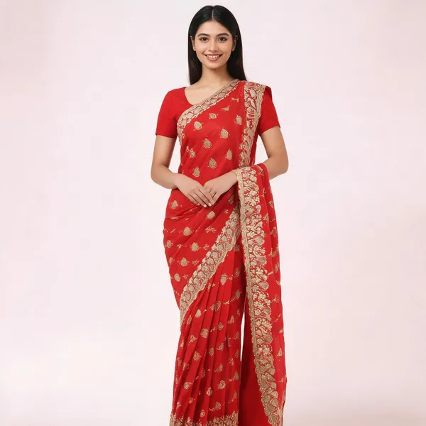 Red_Silver_Work_Saree_For_Women