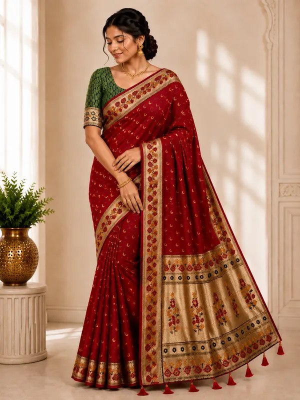 Red_Banarasi_Silk_Chandraona_With_Small_Stone_Saree_For_Women