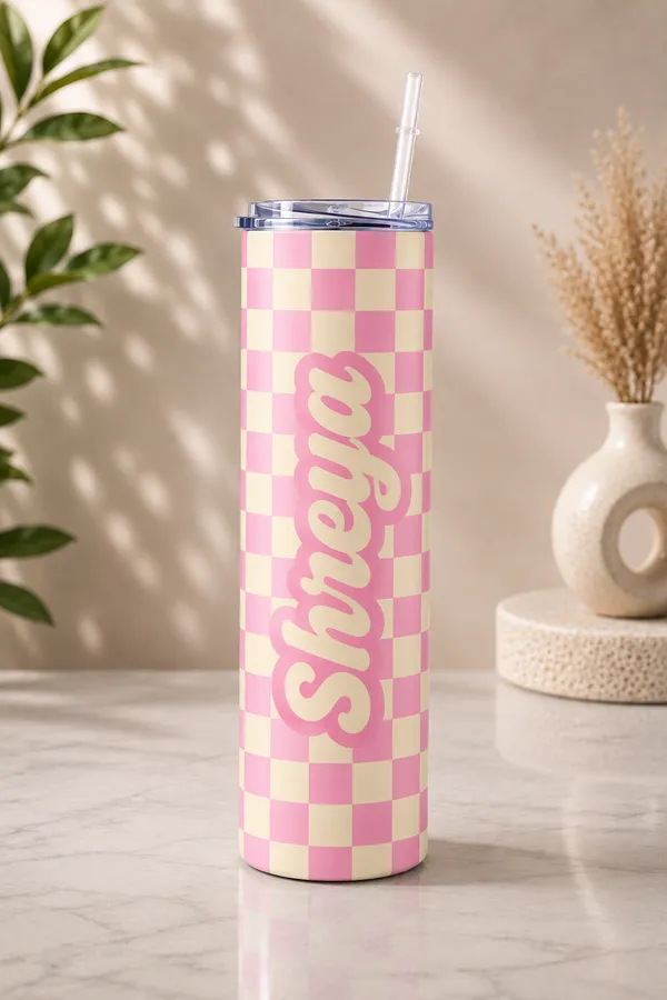 Pink_And_Cream_Checkered_Printed_Tumbler_With_Straw