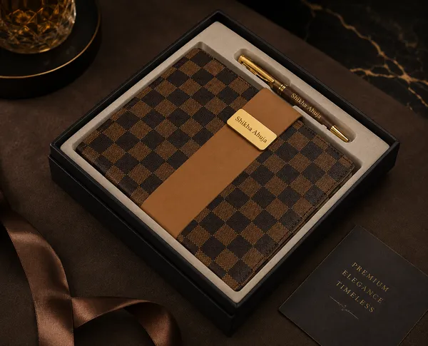 Brown_Black_Checkered_Pu_Leather_Notebook_And_Pen_Gift_Set