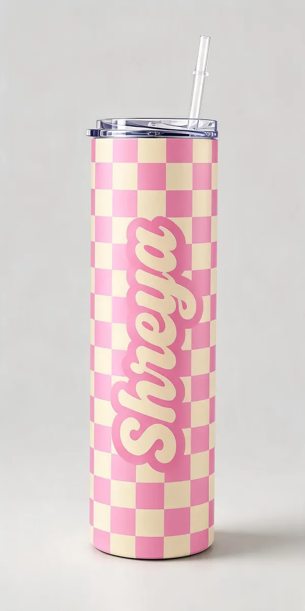Stainless_Steel_Everyday_Pink_Cream_Checkered_Tumbler_With_Straw