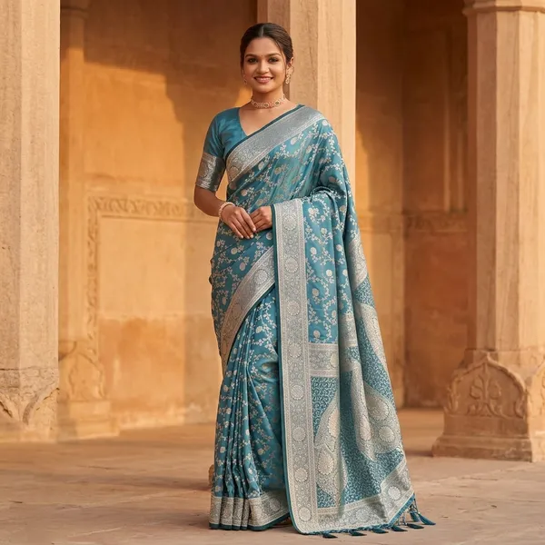 Blue_Litchi_Silk_Floral_Print_Saree_For_Women