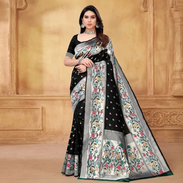 Black_Litchi_Silk_Floral_Print_Saree_For_Women