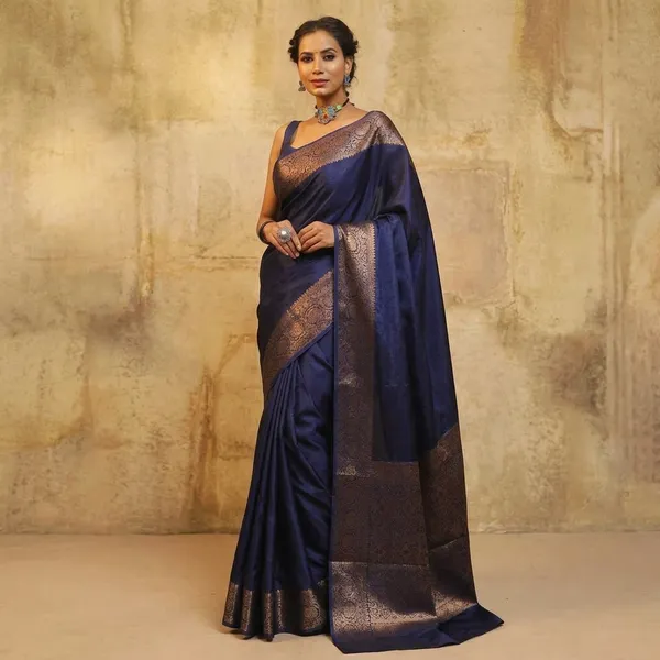Navy_Blue_Litchi_Silk_Woven_Saree_For_Women