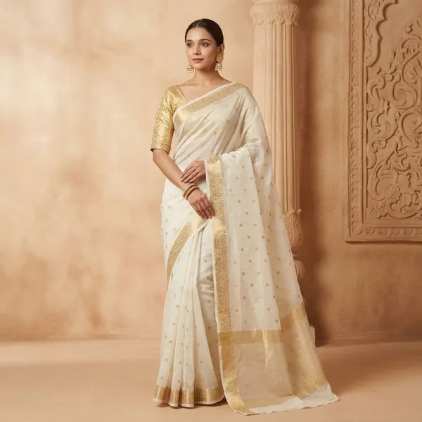 Off_White_Litchi_Silk_Gold_Border_Saree_For_Women