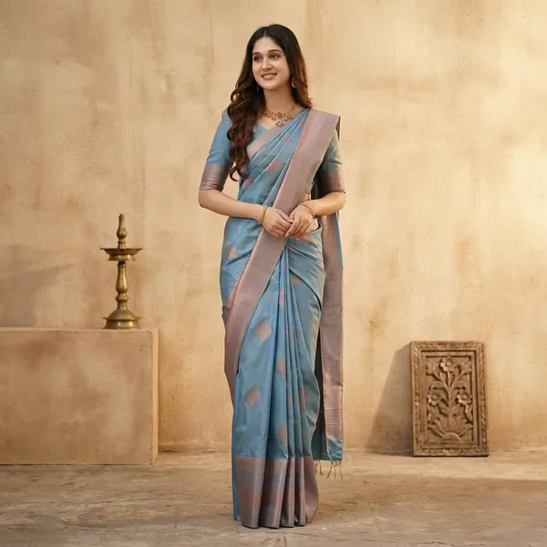 Blue_Litchi_Silk_Printed_Saree_For_Women