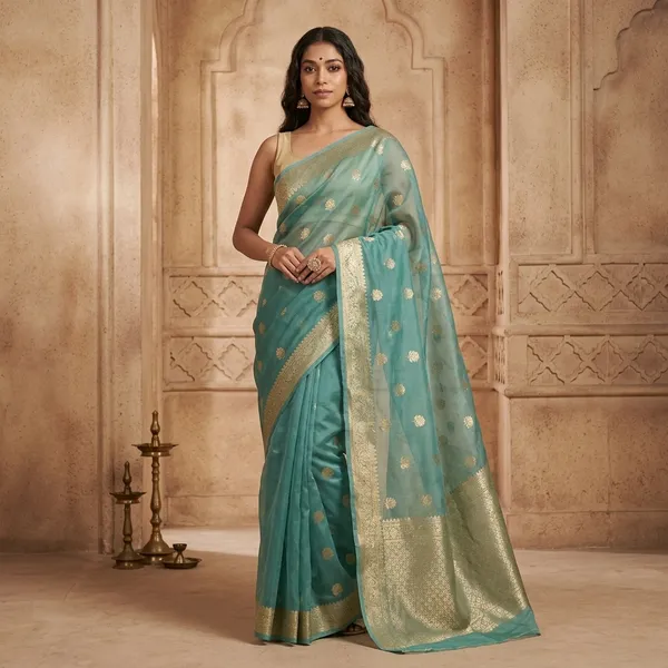 Teal_Litchi_Silk_Gold_Motif_Saree_For_Women