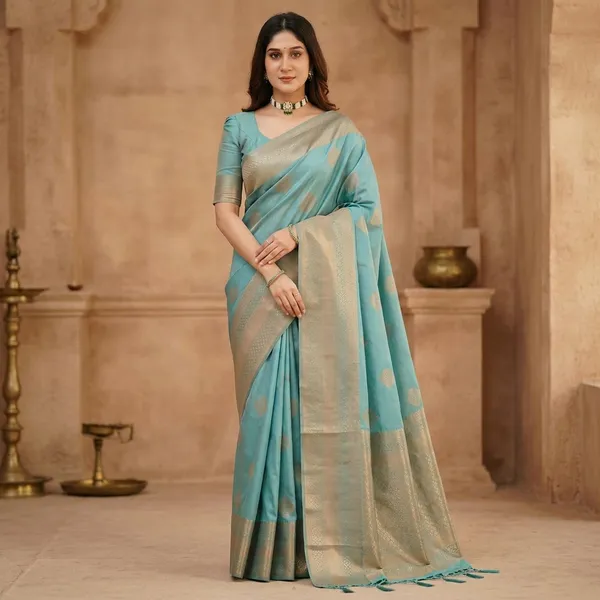 Turquoise_Litchi_Silk_Woven_Saree_For_Women