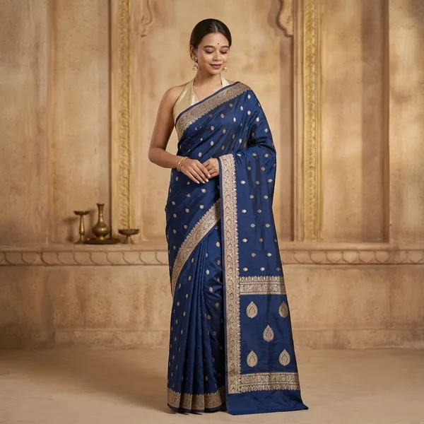 Navy_Blue_Litchi_Silk_Zari_Border_Saree_For_Women