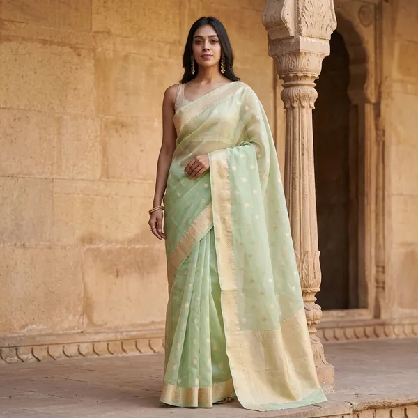 Green_Litchi_Silk_Sheer_Dotted_Saree_For_Women