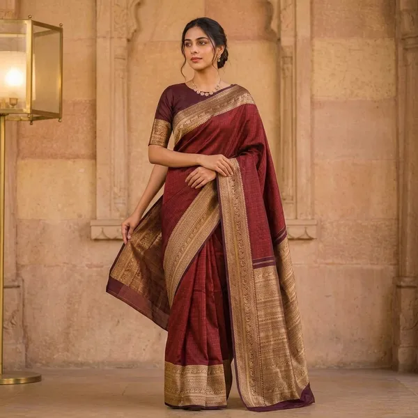 Maroon_Litchi_Silk_Gold_Border_Saree_For_Women