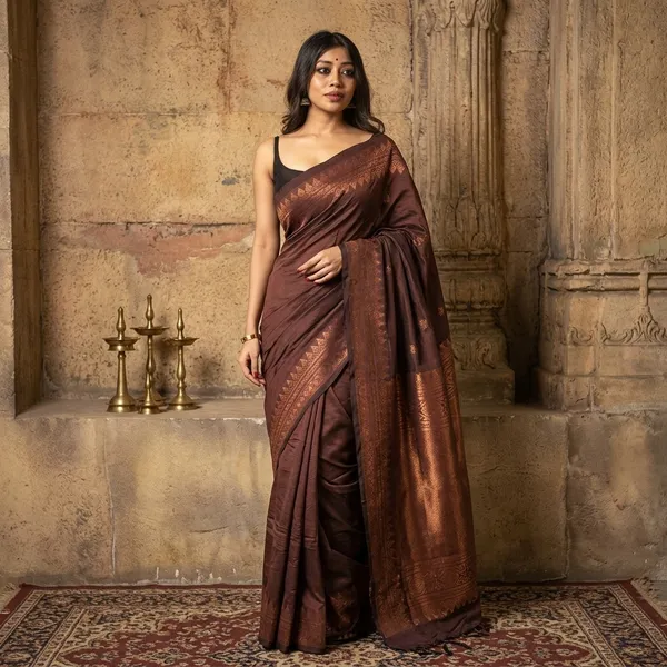 Brown_Litchi_Silk_Woven_Zari_Border_Saree_For_Women