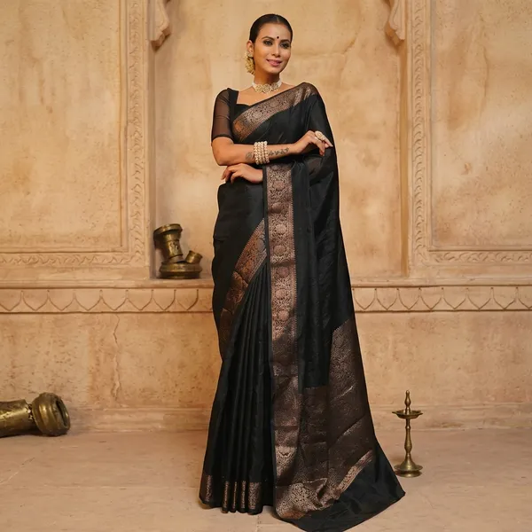 Black_Litchi_Silk_Woven_Border_Traditional_Saree_For_Women