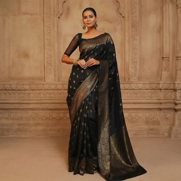 Black_Litchi_Silk_Brocade_Floral_Motif_Saree_For_Women
