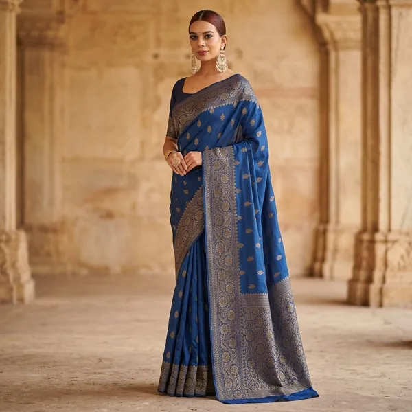 Blue_Litchi_Silk_Woven_Floral_Border_Saree_For_Women