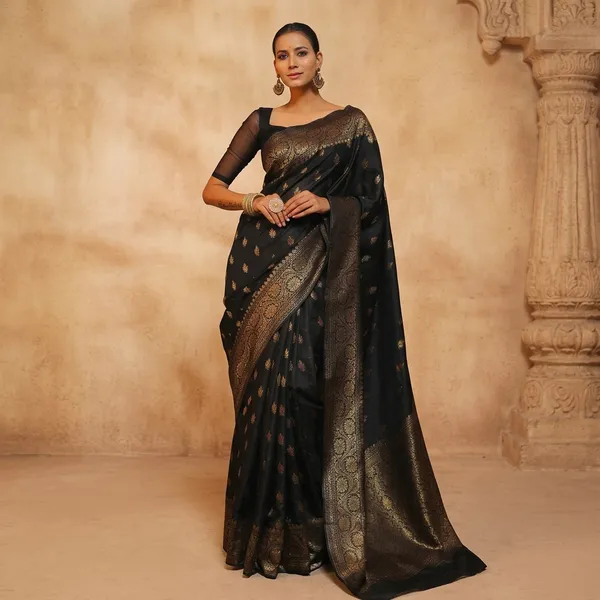 Black_Litchi_Silk_Paisley_Woven_Border_Saree_For_Women
