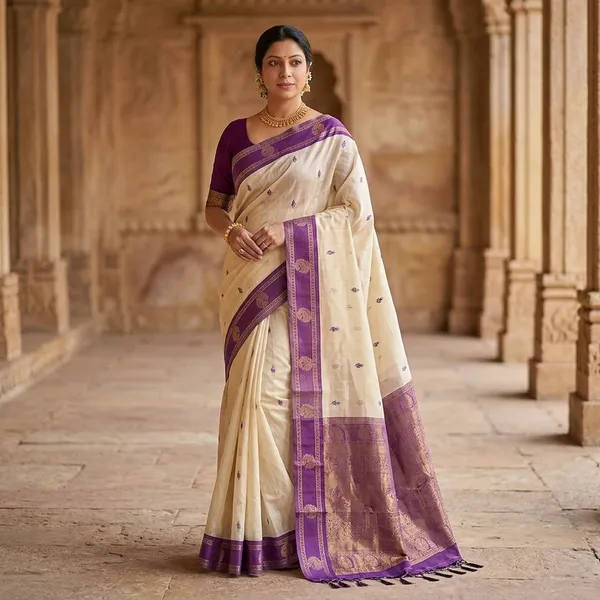 Cream_Litchi_Silk_Purple_Woven_Border_Saree_For_Women