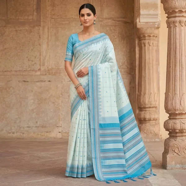 Light_Blue_Litchi_Silk_Checked_Print_Saree_For_Women