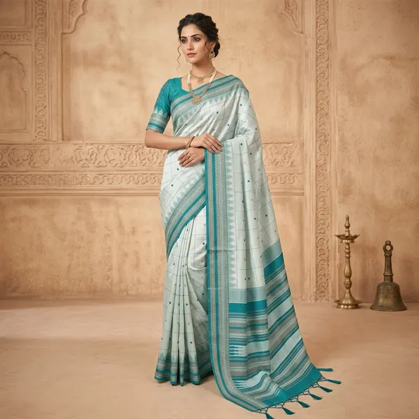 Teal_Litchi_Silk_Checked_Print_Saree_For_Women