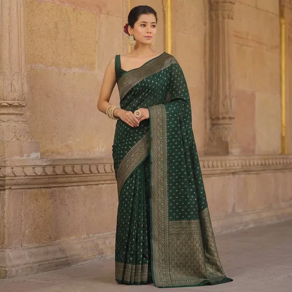 Dark_Green_Litchi_Silk_Woven_Traditional_Saree_For_Women