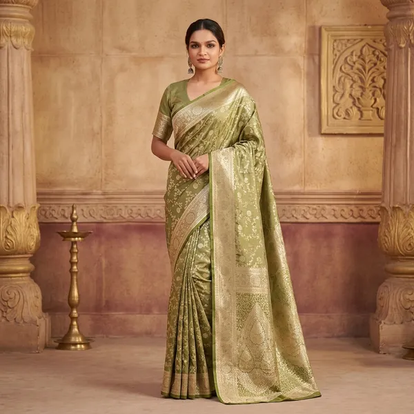 Olive_Green_Litchi_Silk_Woven_Traditional_Saree_For_Women
