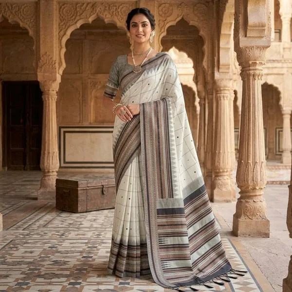 Ivory_Litchi_Silk_Geometric_Print_Saree_For_Women