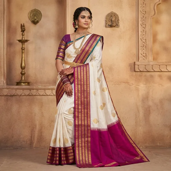 White_Litchi_Silk_Gold_Motif_Traditional_Saree_For_Women