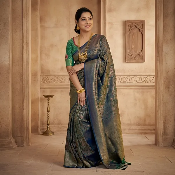 Grey_Litchi_Silk_Paisley_Patterned_Saree_For_Women