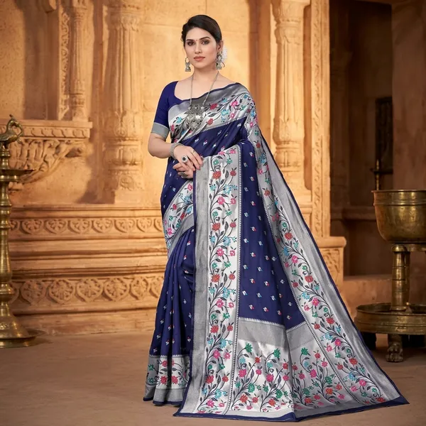 Navy_Blue_Litchi_Silk_Floral_Print_Saree_For_Women