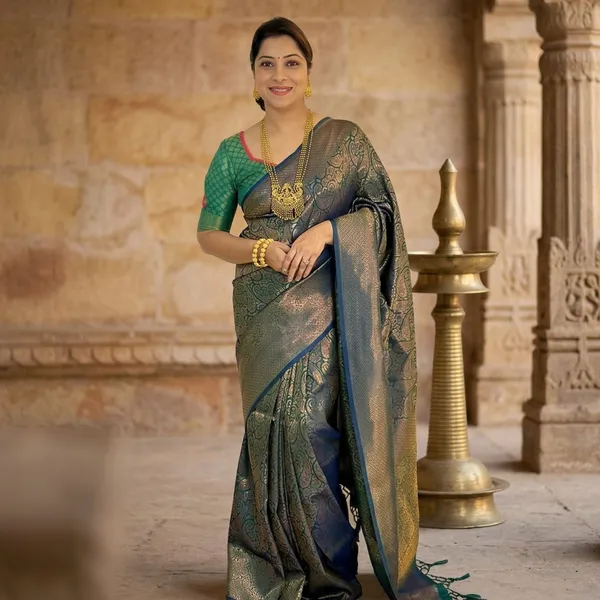 Blue_Litchi_Silk_Paisley_Patterned_Saree_For_Women