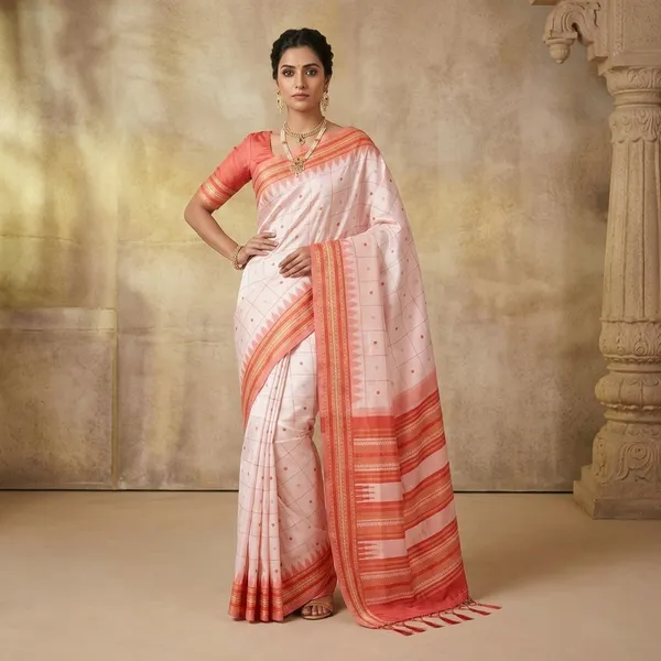 Peach_Litchi_Silk_Checked_Print_Saree_For_Women