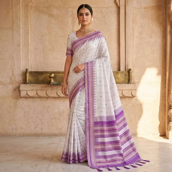 White_Litchi_Silk_Purple_Border_Woven_Saree_For_Women