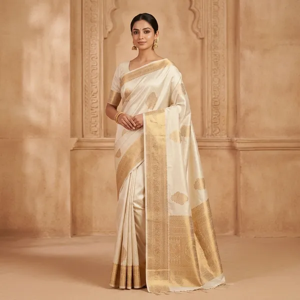 Cream_Litchi_Silk_Woven_Traditional_Saree_For_Women