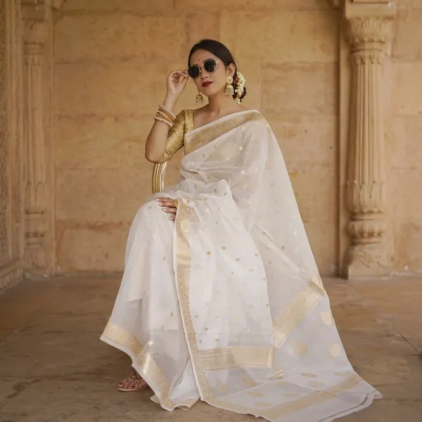 White_Litchi_Silk_Embellished_Saree_For_Women