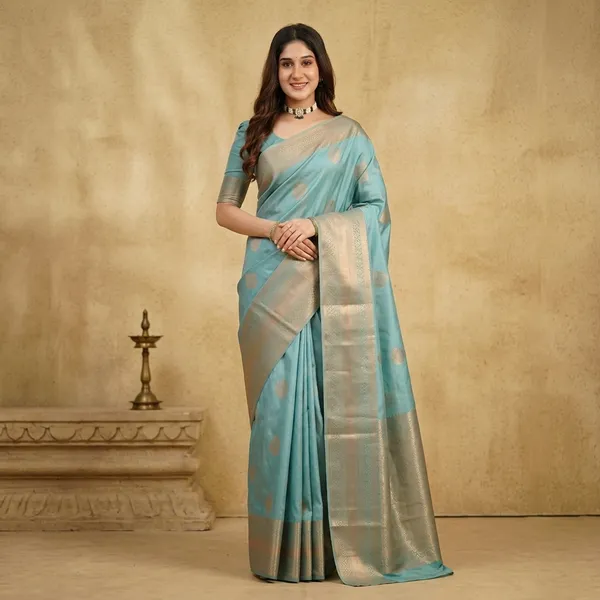 Turquoise_Litchi_Silk_Woven_Border_Saree_For_Women