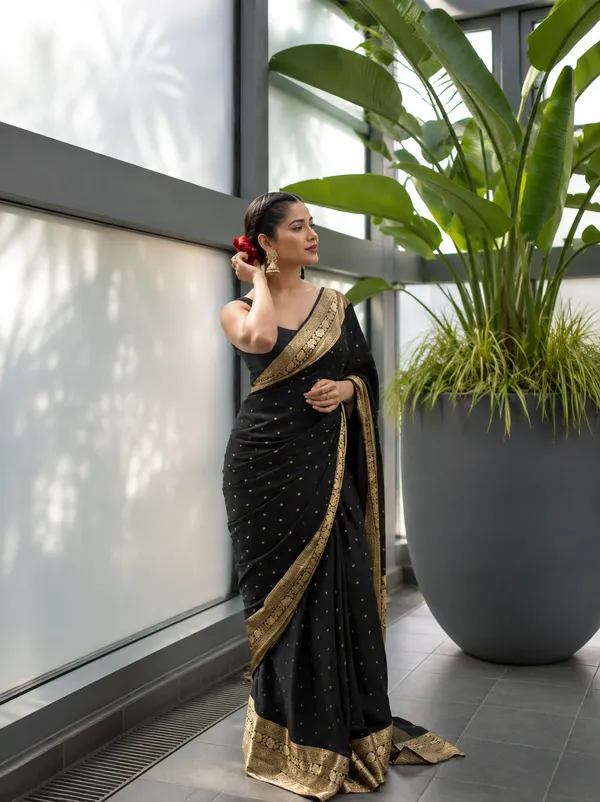 Black_Litchi_Silk_Gold_Border_Embellished_Saree_For_Women