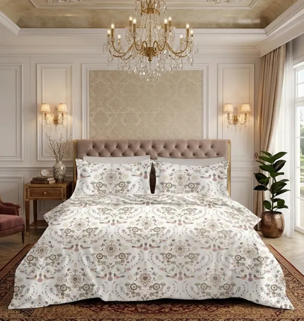 White_and_Peach_Floral_Print_King_Size_Bedsheet